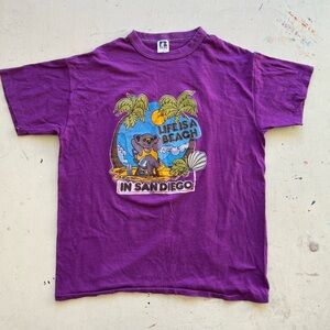 Men's Vintage Russell T-Shirt Purple Life's a Beach San Diego L USA ALTERED HEM